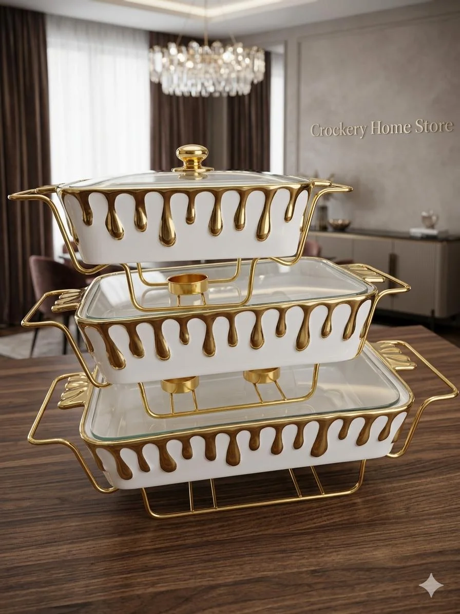 3-Piece Bone China Buffet Set with Golden Metal Stand & Glass Lid