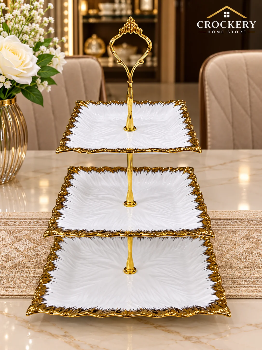 Premium 3-tier Bone China cake stand, perfect for displaying cakes, cupcakes, pastries, desserts, fruits, and sweets with elegance.