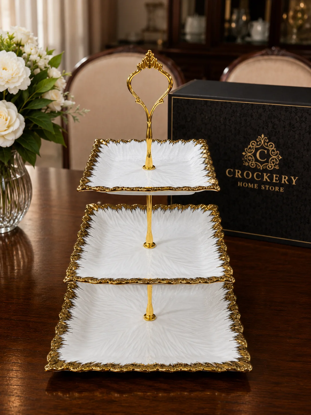 Premium 3-tier Bone China cake stand, perfect for displaying cakes, cupcakes, pastries, desserts, fruits, and sweets with elegance.