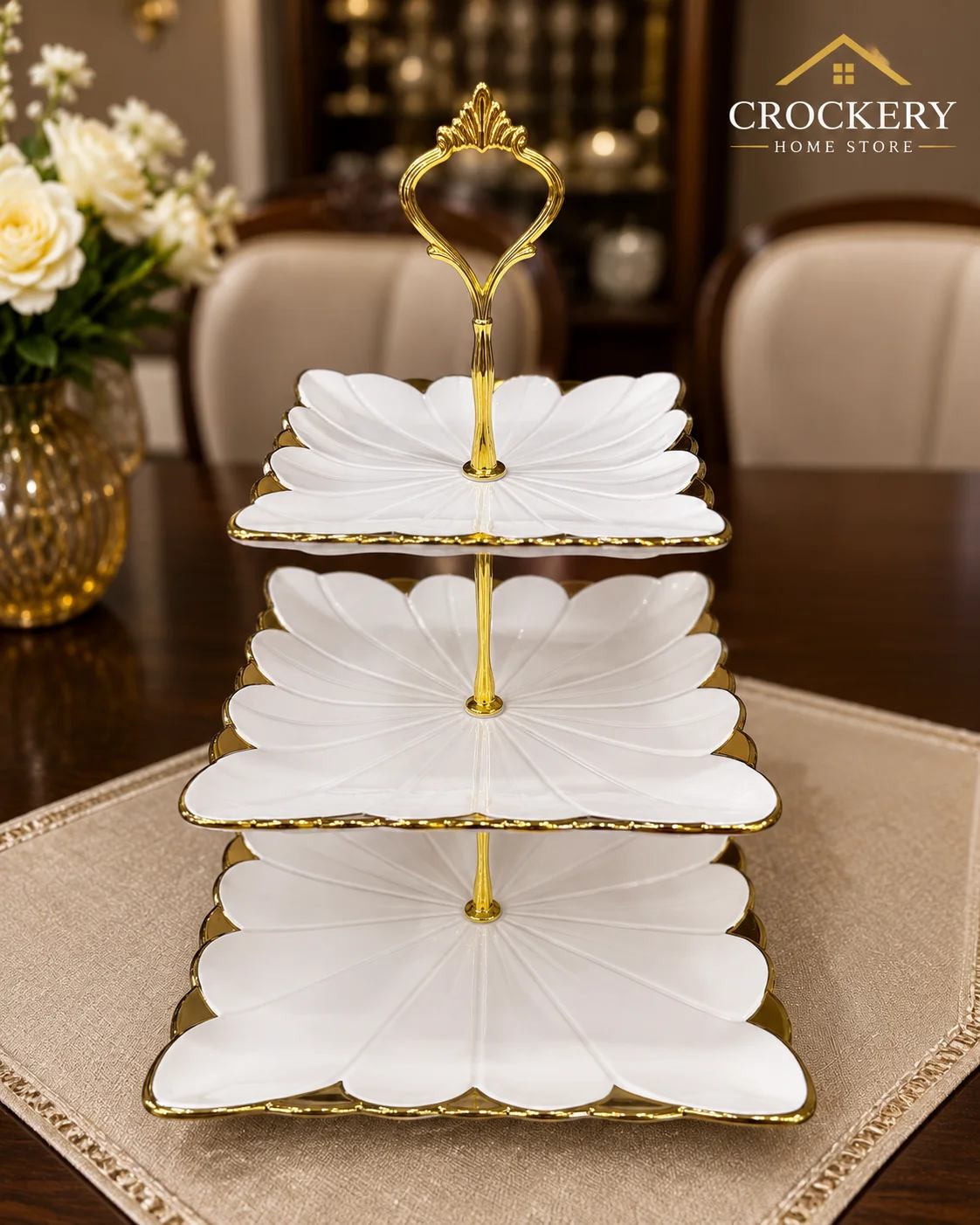 Premium 3-tier Bone China cake stand, perfect for displaying cakes, cupcakes, pastries, desserts, fruits, and sweets with elegance.