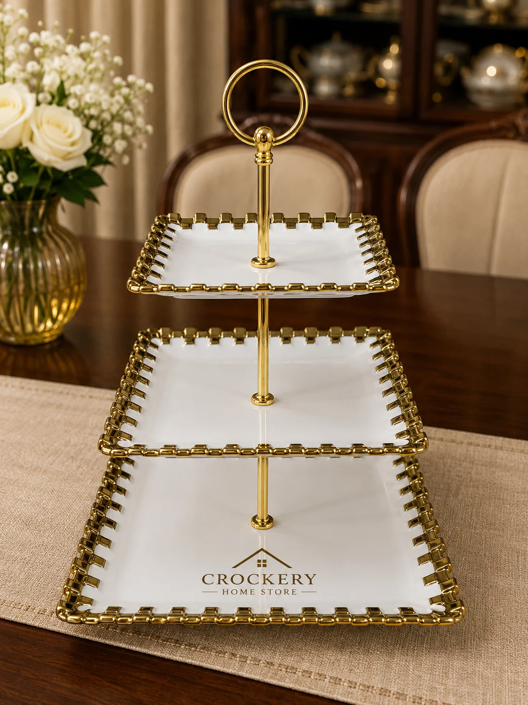 Premium 3-tier Bone China cake stand, perfect for displaying cakes, cupcakes, pastries, desserts, fruits, and sweets with elegance.