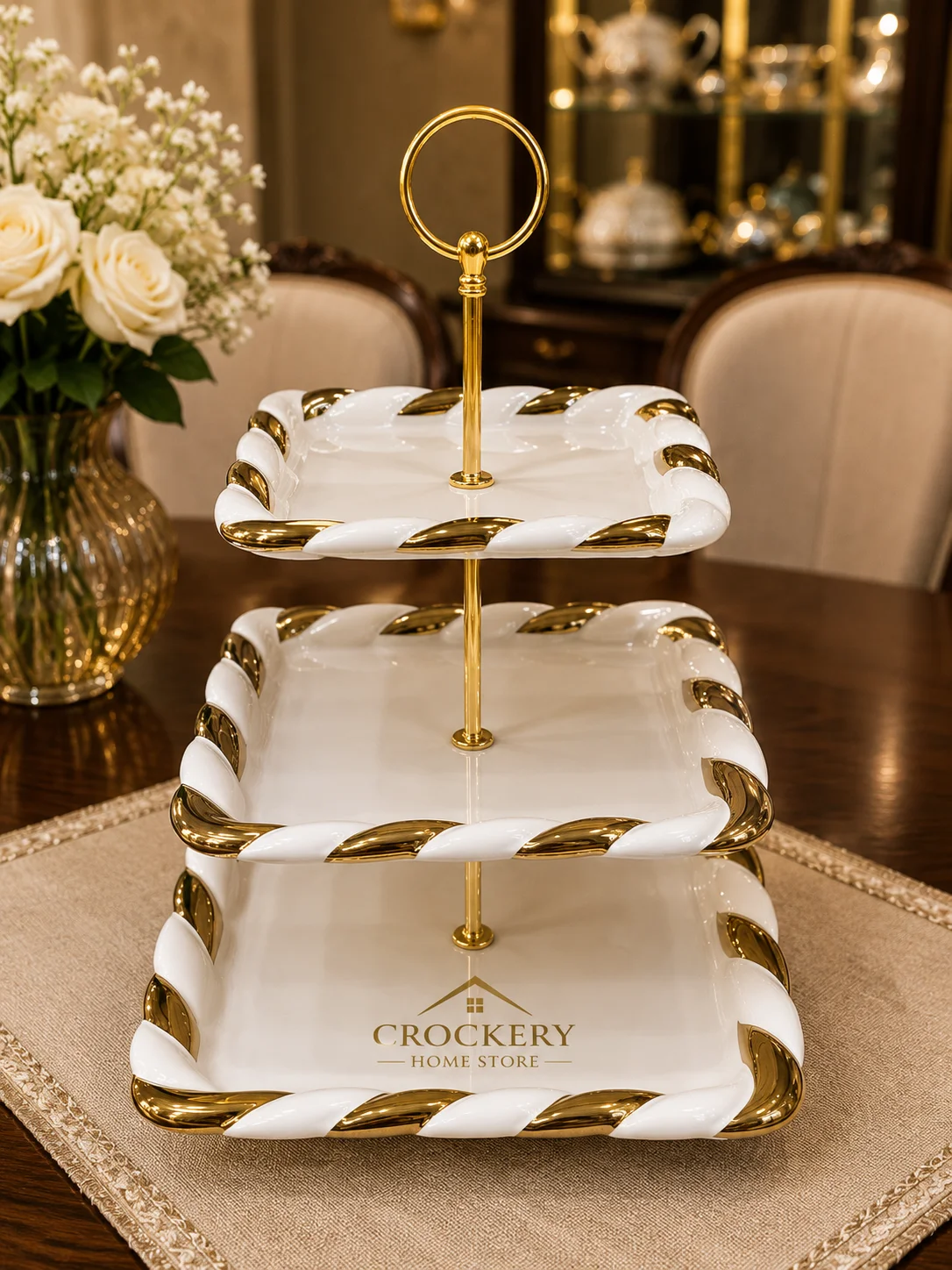 Premium 3-tier Bone China cake stand, perfect for displaying cakes, cupcakes, pastries, desserts, fruits, and sweets with elegance.