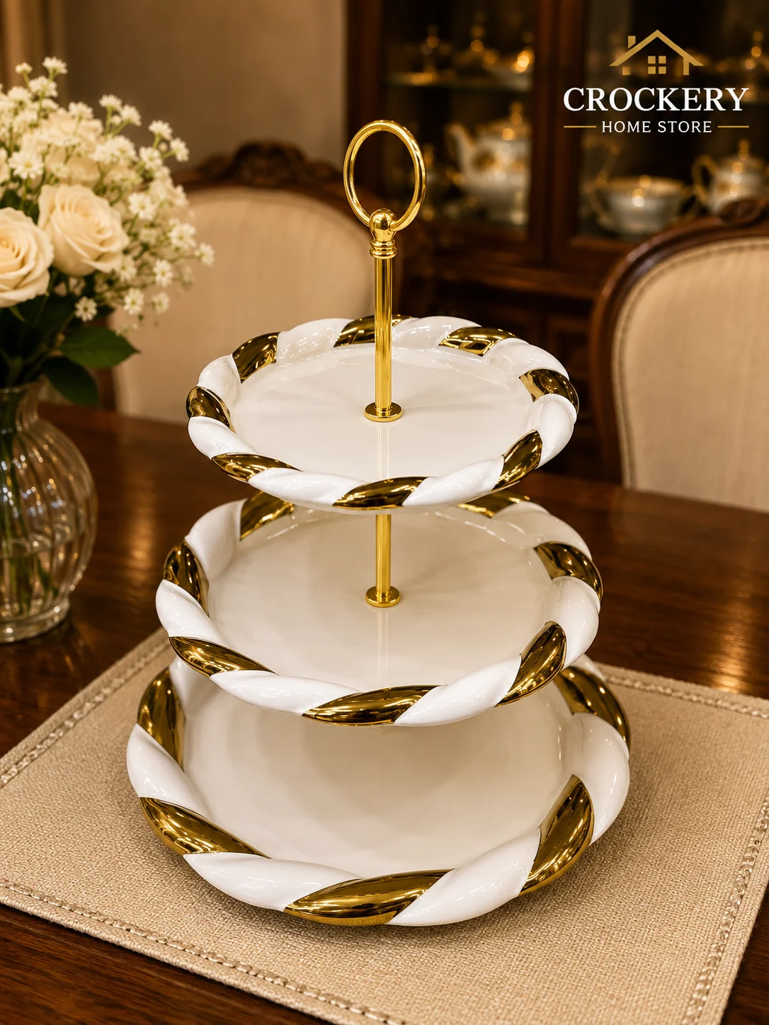 Premium 3-tier Bone China cake stand, perfect for displaying cakes, cupcakes, pastries, desserts, fruits, and sweets with elegance.