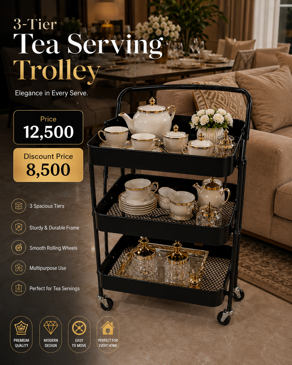 3-Tier Metal Tea Trolley with Wheels – Rolling Serving Cart for Kitchen & Dining