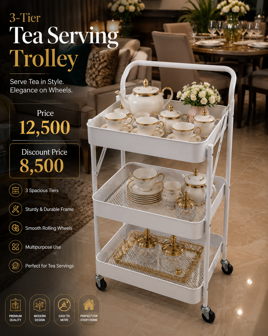 3-Tier Metal Tea Trolley with Wheels – Rolling Serving Cart for Kitchen & Dining - Image 2