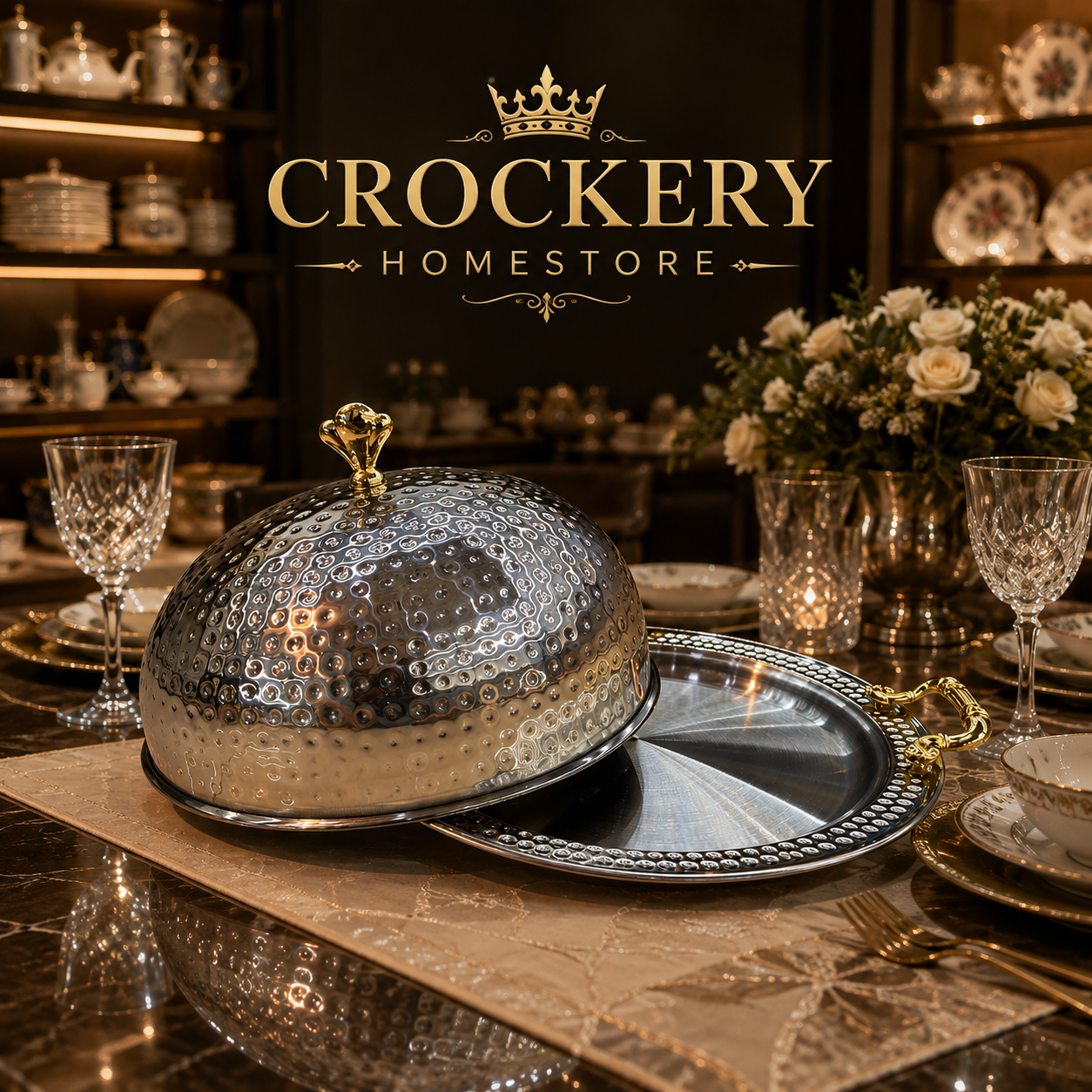 Premium Stainless Steel Serving Dish with Golden Handles & Golden Knob