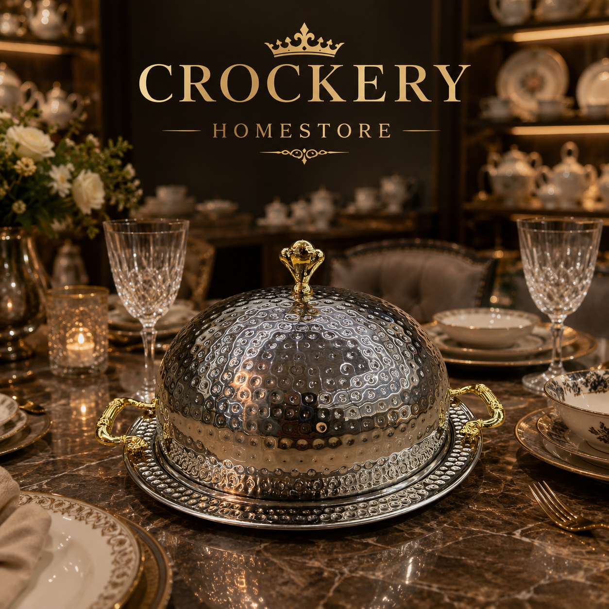 Premium Stainless Steel Serving Dish with Golden Handles & Golden Knob - Image 2