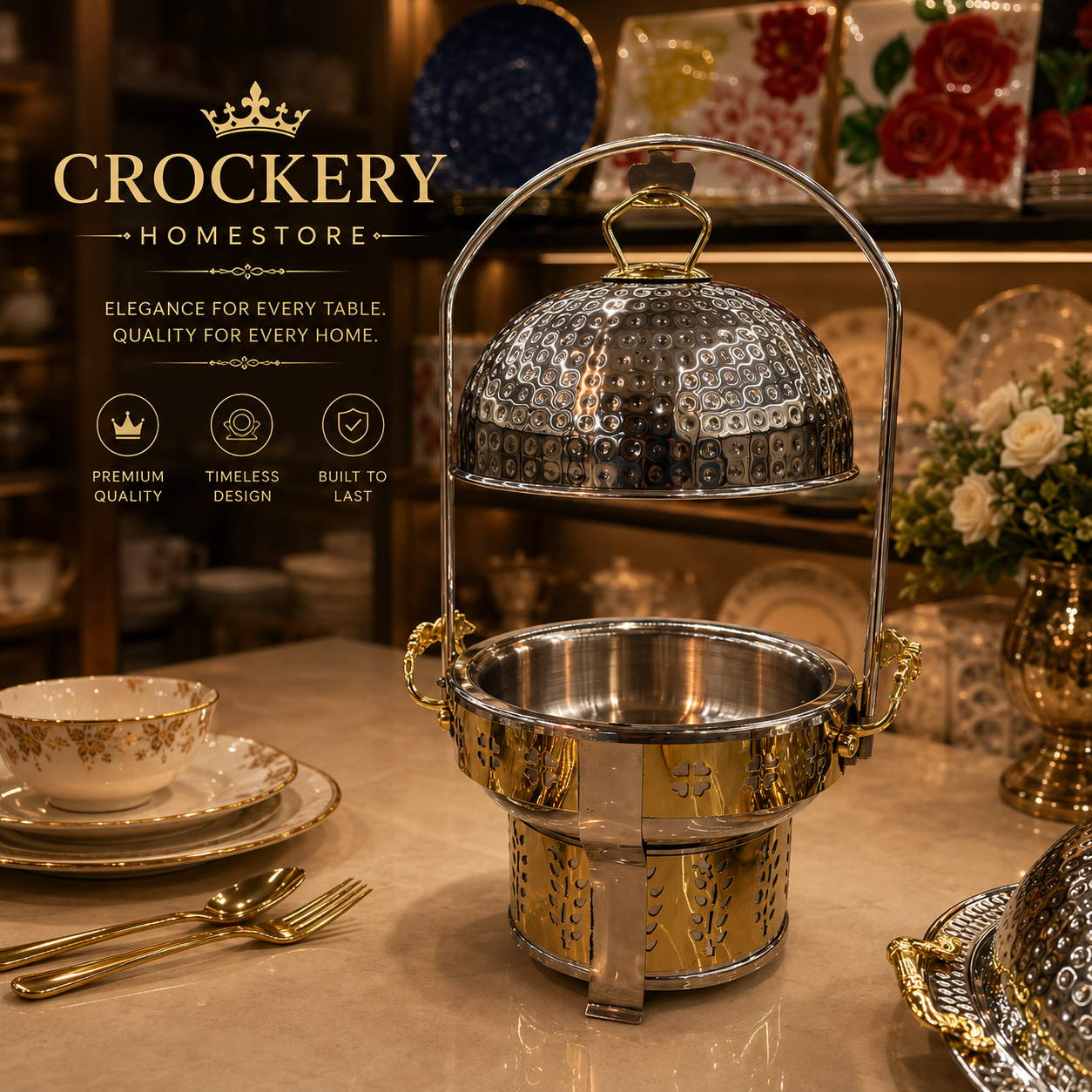 Premium Stainless Steel Serving Dish with Golden Handles & Golden Knob
