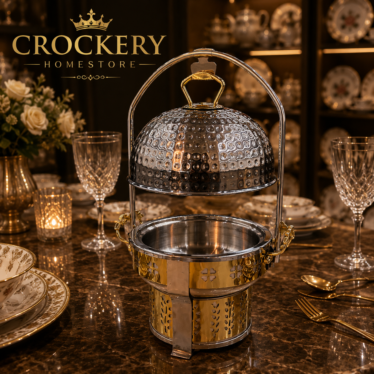 Premium Stainless Steel Serving Dish with Golden Handles & Golden Knob - Image 2