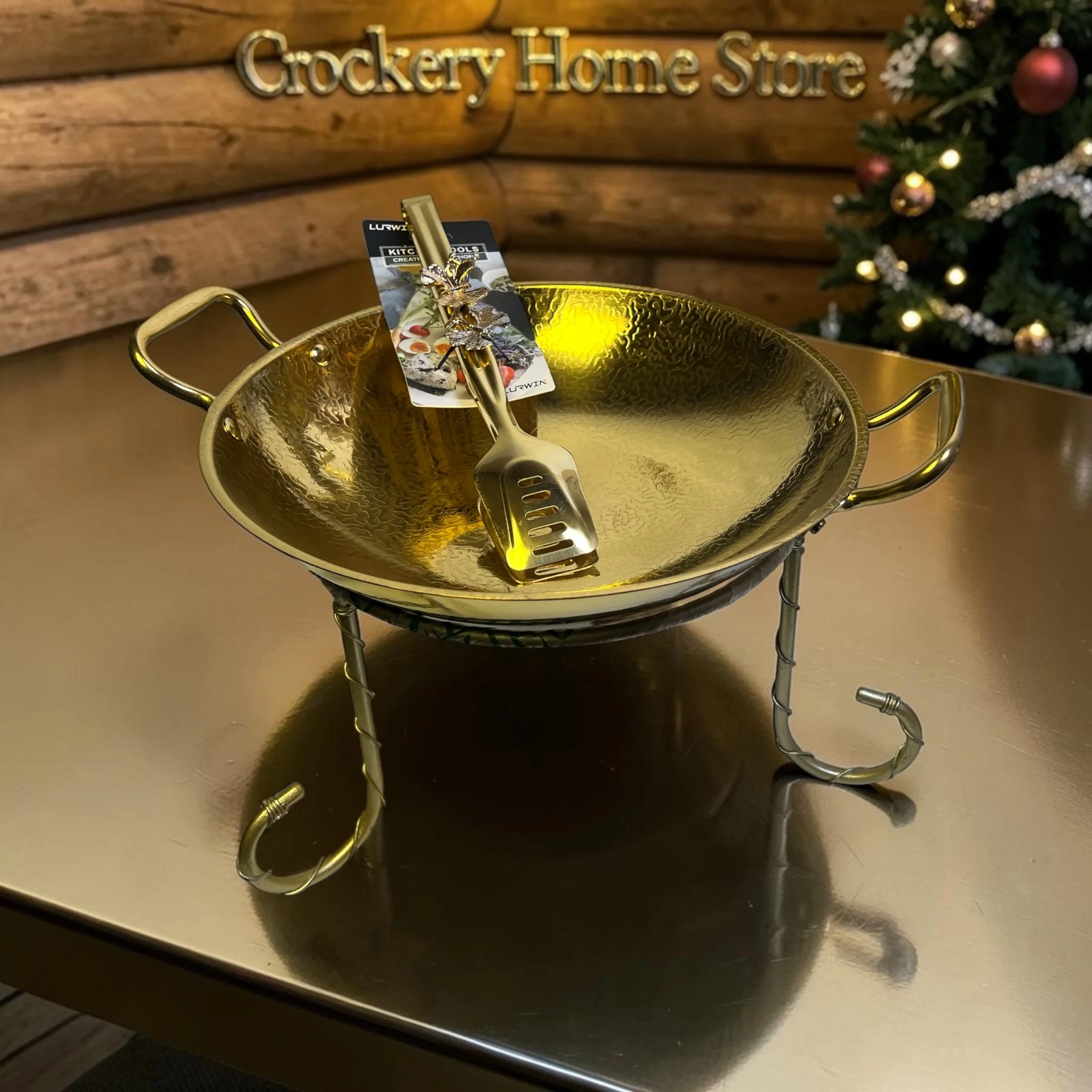 30CM Golden Fancy Serving Wok with Metal Stand & Tong – Elegant Buffet Serving Set
