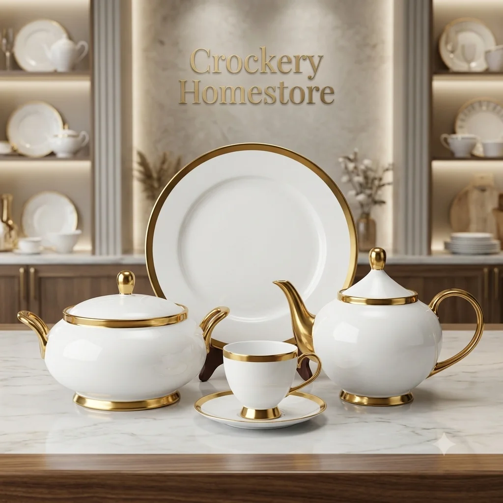 61PCS Bone China Dinner Set – 8 Person Complete Dining Collection white gold