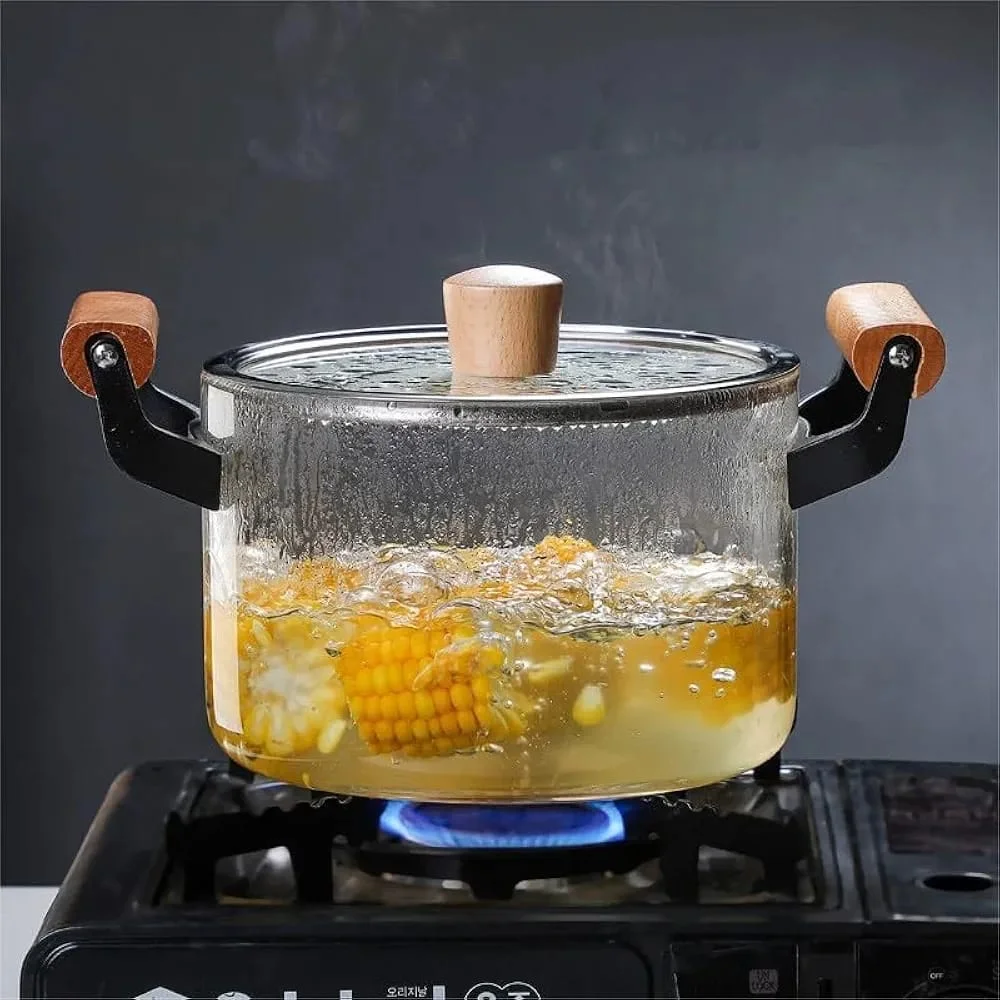 Glass Cooking Pot with Wooden Handle – Heat-Resistant Transparent Cookware