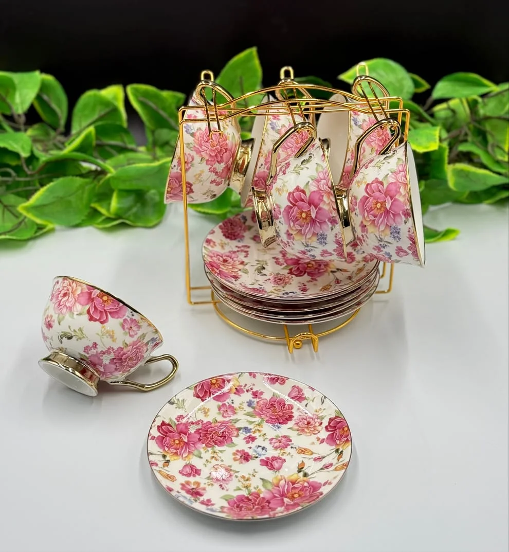 Cup & Saucer Set with Stand – Elegant Tea Cup Set with Display Stand