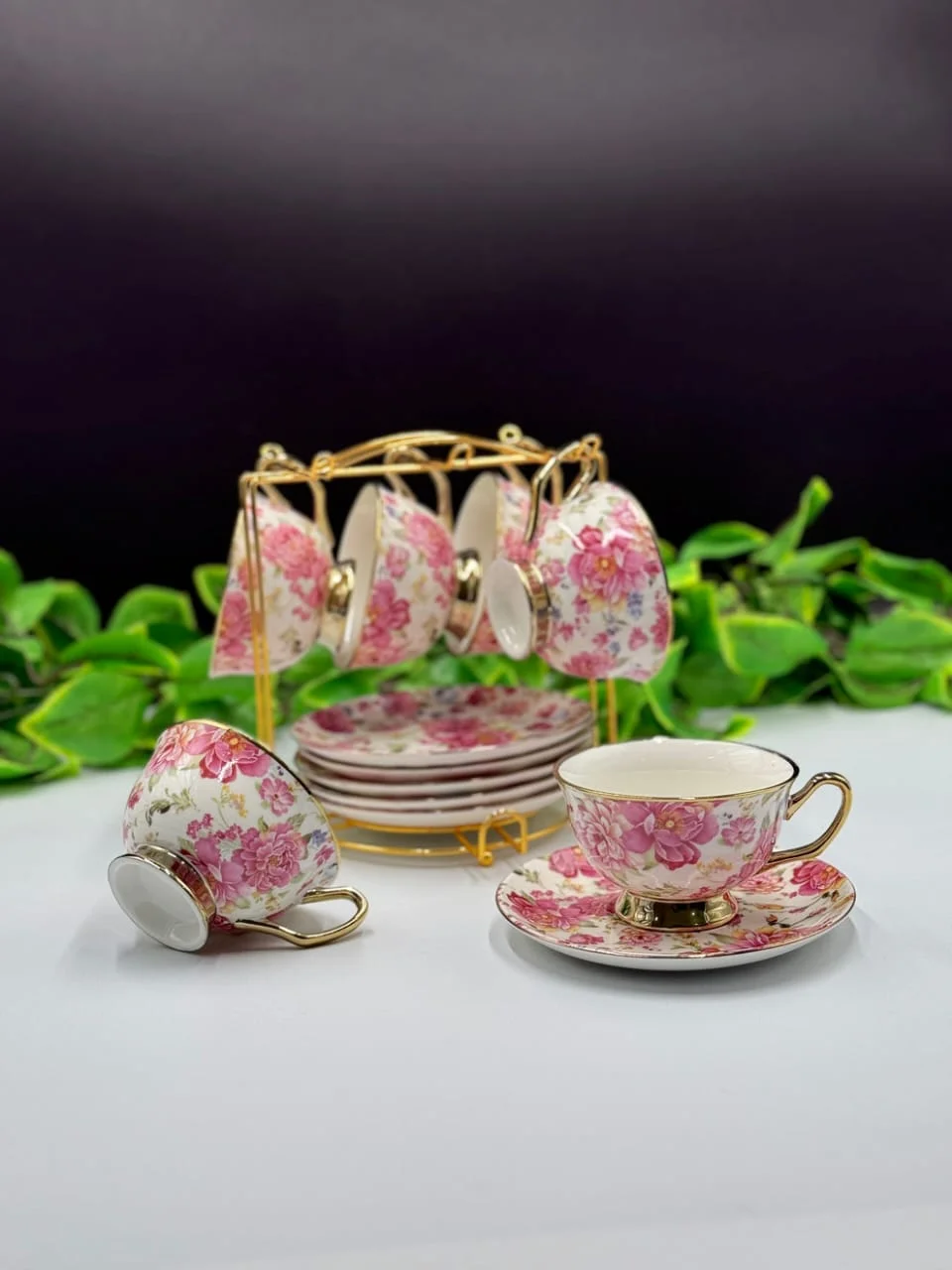 Cup & Saucer Set with Stand – Elegant Tea Cup Set with Display Stand - Image 2