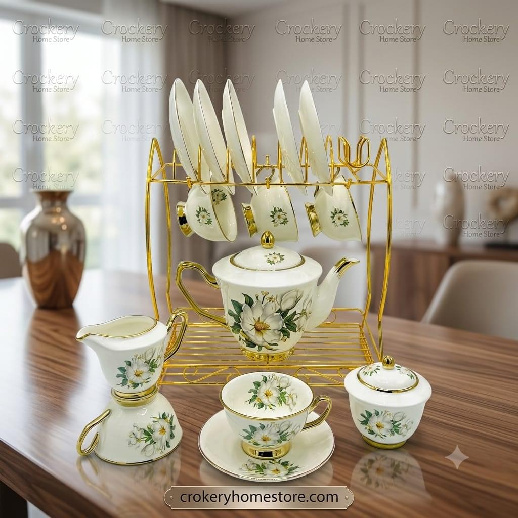 17PCS Bone China Tea Set with Stand – 6 Cups, 6 Saucers, Teapot, Sugar Pot & Milk Pot