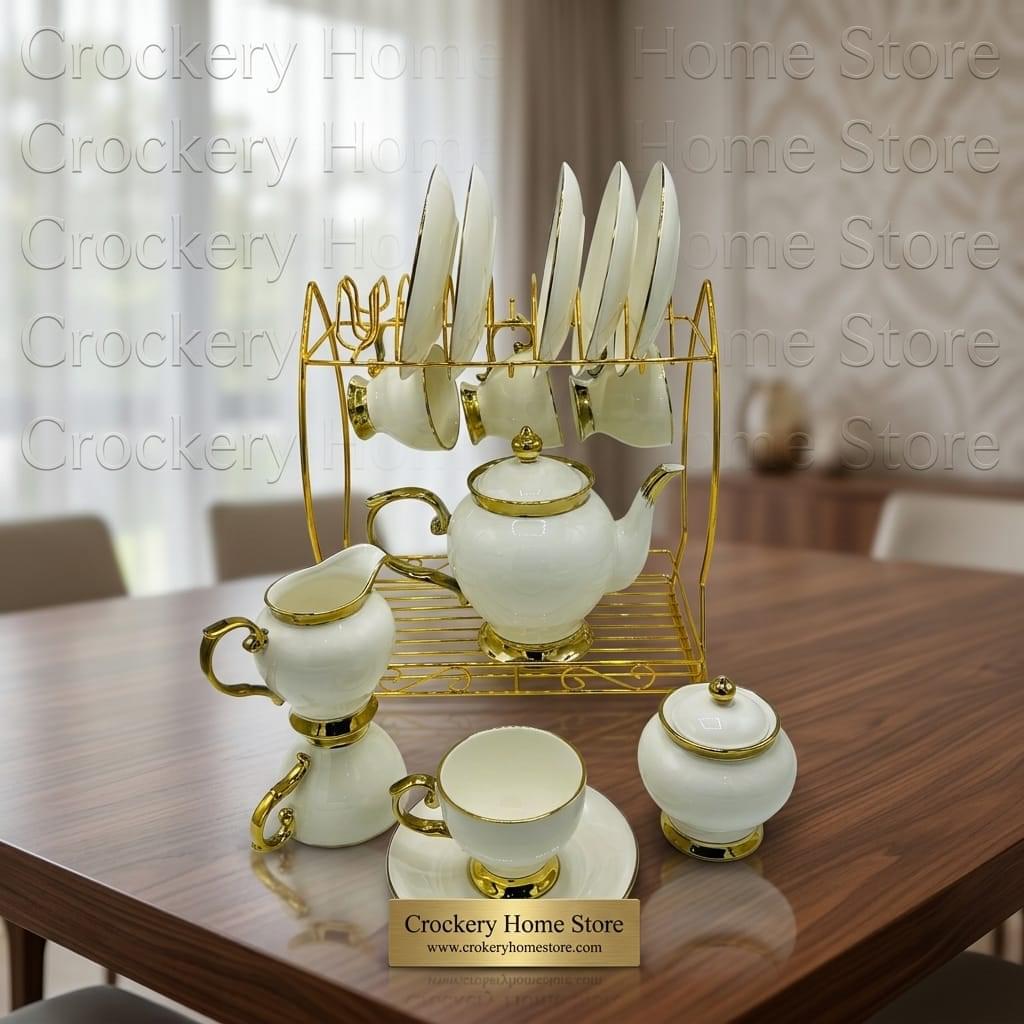 17PCS Bone China Tea Set with Stand – 6 Cups, 6 Saucers, Teapot, Sugar Pot & Milk Pot