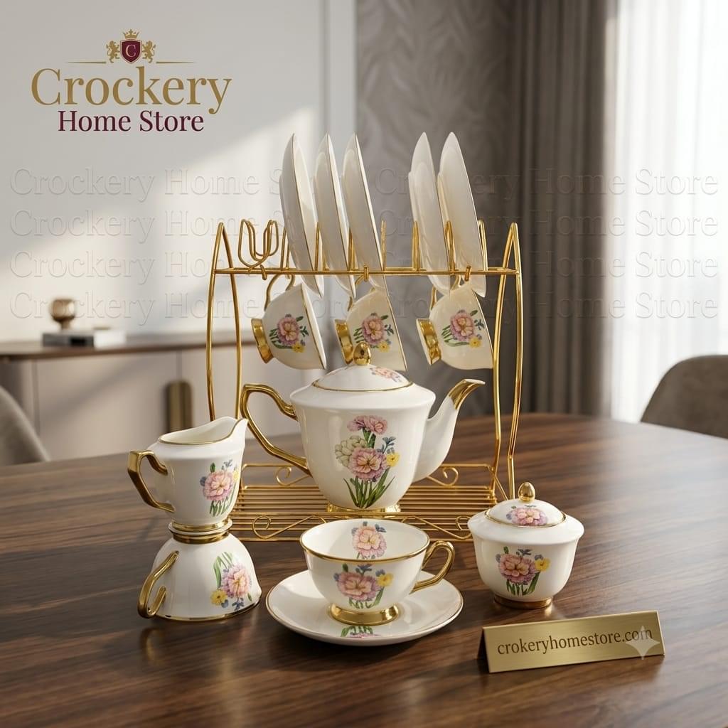 17PCS Bone China Tea Set with Stand – 6 Cups, 6 Saucers, Teapot, Sugar Pot & Milk Pot
