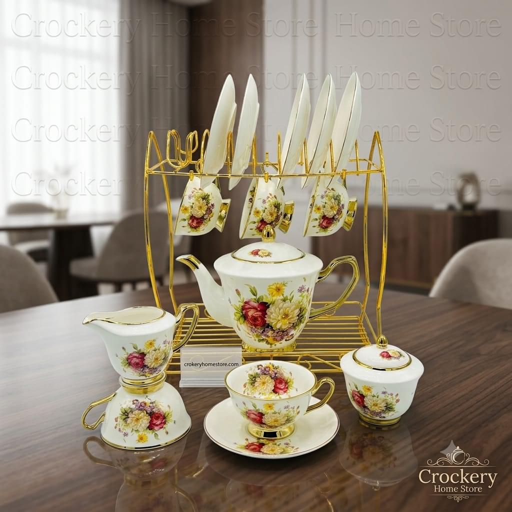 17PCS Bone China Tea Set with Stand – 6 Cups, 6 Saucers, Teapot, Sugar Pot & Milk Pot