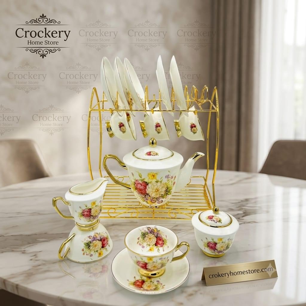 17PCS Bone China Tea Set with Stand – 6 Cups, 6 Saucers, Teapot, Sugar Pot & Milk Pot