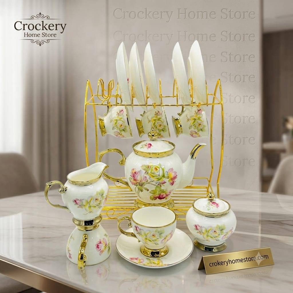 17PCS Bone China Tea Set with Stand – 6 Cups, 6 Saucers, Teapot, Sugar Pot & Milk Pot