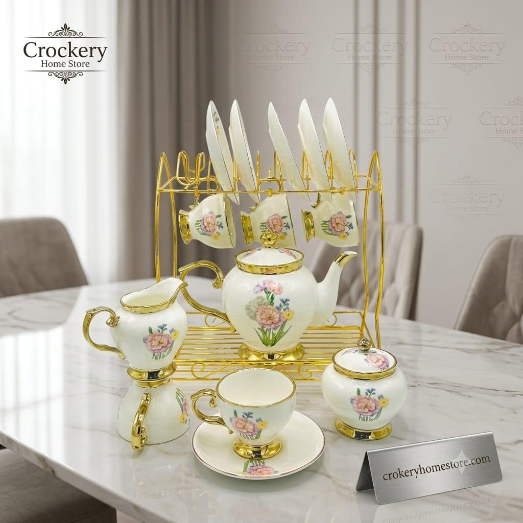 17PCS Bone China Tea Set with Stand – 6 Cups, 6 Saucers, Teapot, Sugar Pot & Milk Pot