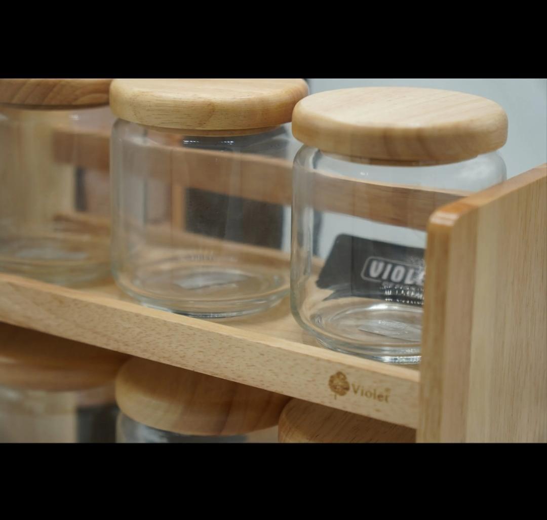 7PCS Glass Spice Rack Set with Wooden Stand & Wooden Lids – Kitchen Seasoning Organizer - Image 3
